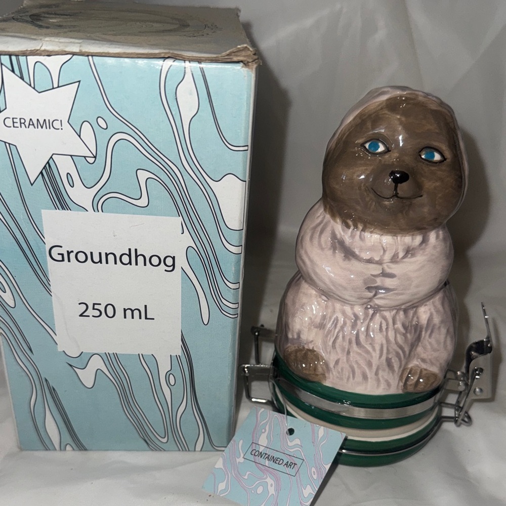 ContainedArt Groundhog Ceramic Jar with Metal Clamp New